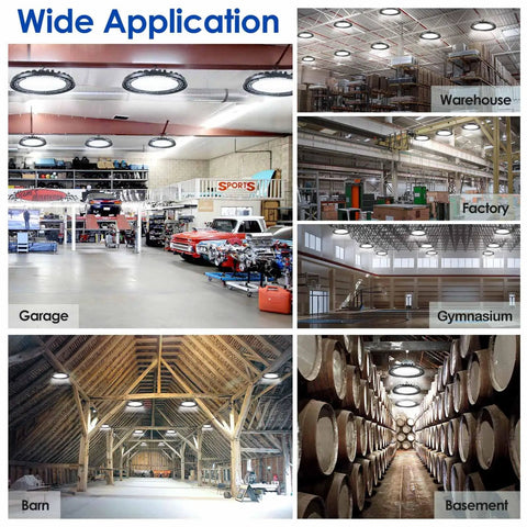 LED High Bay Light 150W Premium 4 Pack UFO Beast lighting in garage, warehouse, factory, gym, barn, 21000lm, IP65, 5000K.