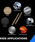 Five Sixteenth Inch Cobalt Drill Bit Set Ten Piece M35 HSS for drilling applications on various materials shown in diagram