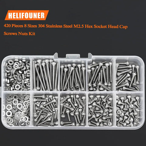 Kickass 304 Stainless Steel Hex Socket Head Cap Bolt Kit With Matching Flat Washers And Hex Nuts Total 420 Piece Assortment in organized storage.