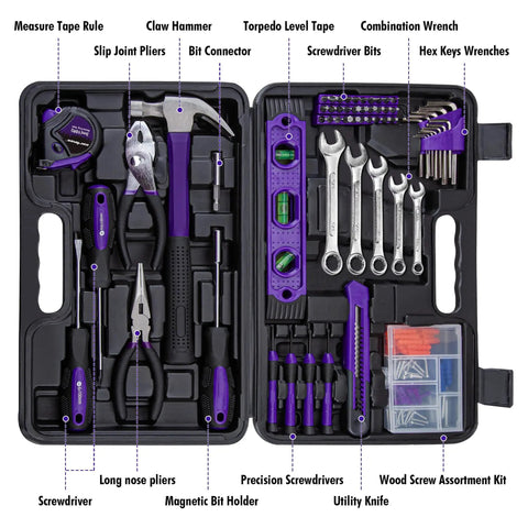 152 Piece Basic Household Hand Tool Set With Toolbox Storage Case All Purpose Home Tool Kit Includes Essential Tools For Office And College Repairs Purple