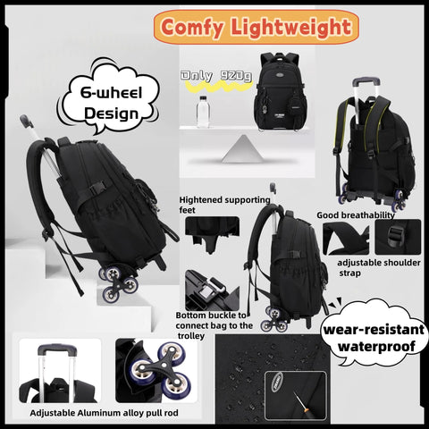 Image showing a black rolling backpack for boys with wheels, featuring adjustable straps, breathable back, and trolley with 6-wheel design.