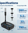 All In One Pond Filter Fountain System Kit With 260 GPH Submersible Pump For Ponds Up To 790 Gallons specifications chart