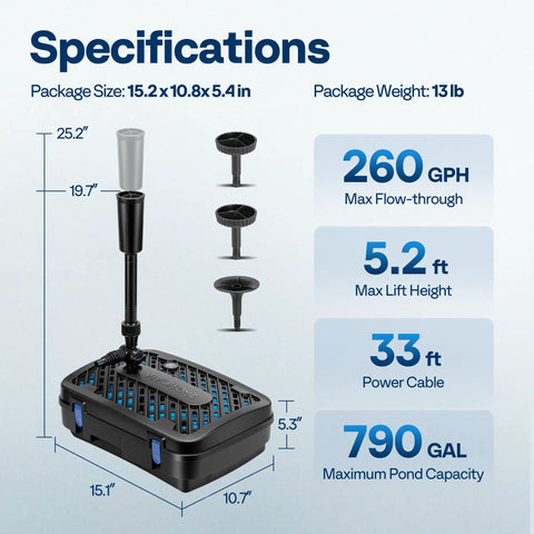 All In One Pond Filter Fountain System Kit With 260 GPH Submersible Pump For Ponds Up To 790 Gallons specifications chart