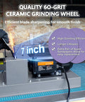 Heavy Duty Electric Lawn Mower Blade Sharpener Bench Grinder with 7-inch ceramic grinding wheel in use, showing sparks during sharpening.