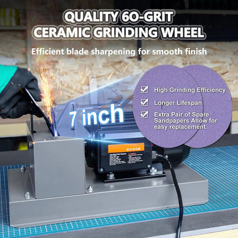 Heavy Duty Electric Lawn Mower Blade Sharpener Bench Grinder with 7-inch ceramic grinding wheel in use, showing sparks during sharpening.