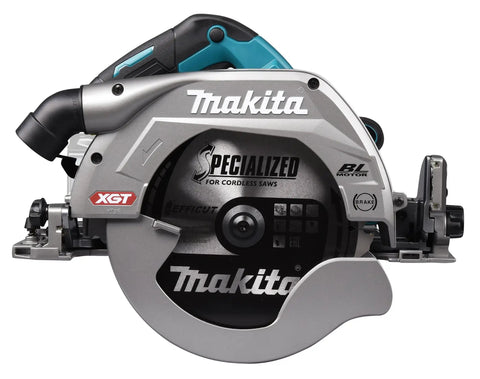 Heavy Hitter 40 Volt Cordless Circular Saw With Dual Five Amp Hour Battery Packs And A Precision 235 Millimeter Cutter Blade side view with blade visible