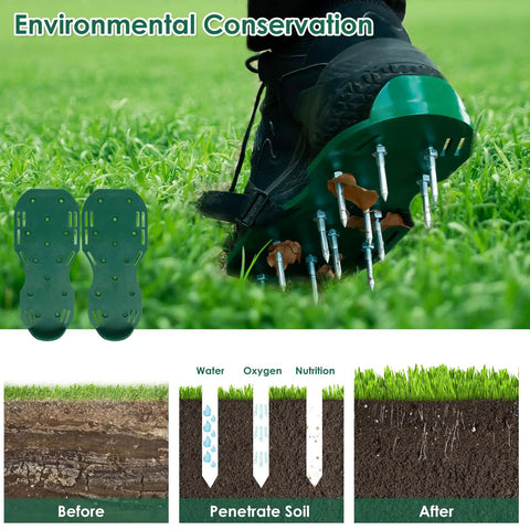 Spiked Lawn Aerator Shoes With Adjustable Straps for soil aeration and garden maintenance, illustrating before and after results.