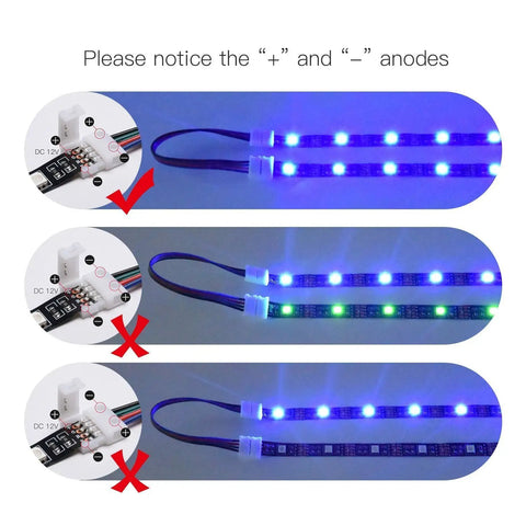 10 Pack 5050 3528 RGB LED Light Strip Connectors With 4 Pin 10mm Wide Solderless Strip displaying connection setup