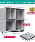 Two In One Hanging Closet Organizer with Garment Rod, 4 Shelves, 24x12x29.5, Durable Grey 600D Fabric, Measurement Guide