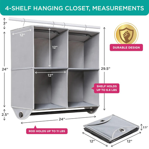 Two In One Hanging Closet Organizer with Garment Rod, 4 Shelves, 24x12x29.5, Durable Grey 600D Fabric, Measurement Guide