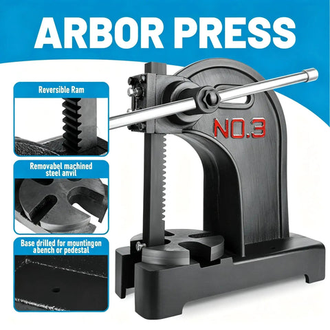 Heavy Duty Manual Arbor Press Machine 3 Ton Cast Iron Desktop Hand Tool For Stamping Forming Bending Stretching And Riveting Built Like A Tank Pro Shop Workhorse showing reversible ram and removable steel anvil.