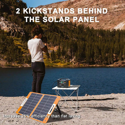 All In One Portable Solar Generator Kit With 60W Panel And 200W Power Station by lake setting
