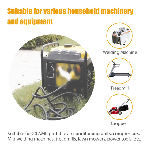 No Sweat Setup Nema L14 30P To 5 15 And 6 15 Generator Adapter Plug with 4 Prong Locking Male Connector connected to a generator in a yard.