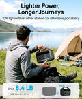 Person camping by lake with Portable Power Station 600W With 80W Solar Panel 288Wh LiFePO4 Battery in hand, tent nearby.