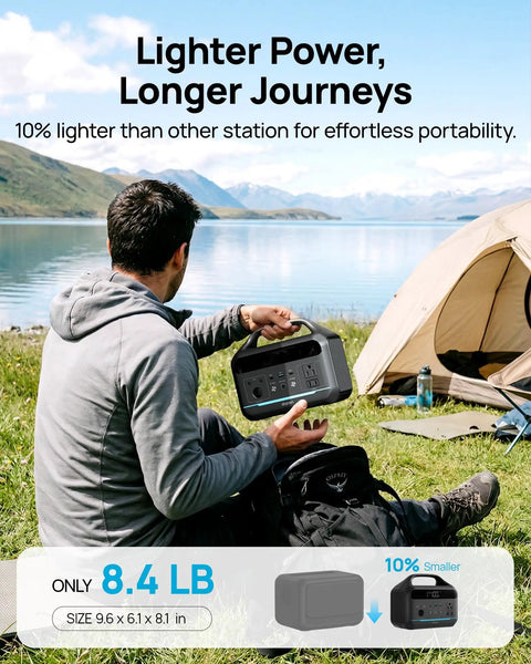 Person camping by lake with Portable Power Station 600W With 80W Solar Panel 288Wh LiFePO4 Battery in hand, tent nearby.
