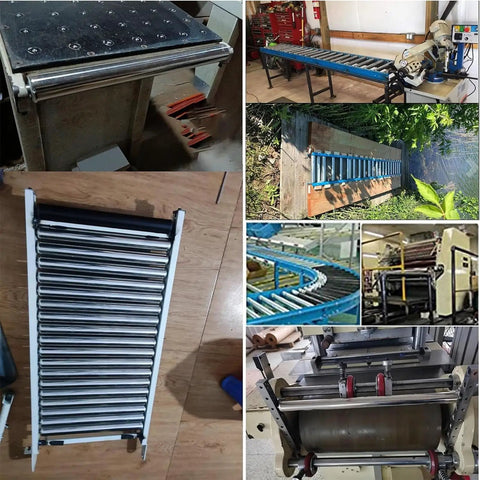 Heavy Duty 5 Pc Stainless Steel Conveyor Rollers For Warehouse Unloading And Factory Production Lines, multiple conveyor system angles shown.