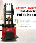 Industrial Grade Electric Straddle Stacker Rated For 3300 Lb Capacity With 157 Inch Lift To Power Through Any Busy Warehouse Operation Without Breaking A Sweat Or Slowing Down The Pace; front view, battery powered, full-electric, ergonomic design.