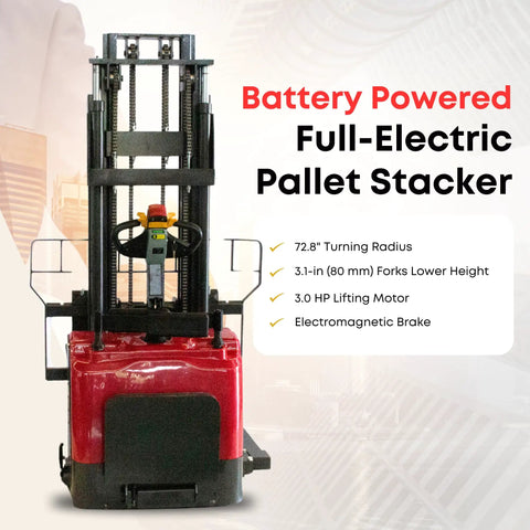 Industrial Grade Electric Straddle Stacker Rated For 3300 Lb Capacity With 157 Inch Lift To Power Through Any Busy Warehouse Operation Without Breaking A Sweat Or Slowing Down The Pace; front view, battery powered, full-electric, ergonomic design.