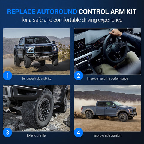 Autoround front suspension kit for Ford 4WD pickups; 4-view collage shows blue exterior and interior steering wheel.
