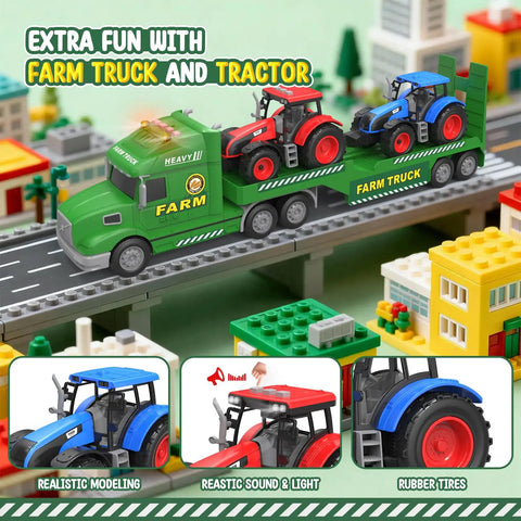 Large 27 Inch Farm Truck Toy Set With Two Tractors And A 3 In 1 Inertia Powered Transport Vehicle With Lights And Realistic Sounds