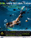 Woman snorkeling with Compact 0.5L Mini Scuba Tank Backup Air For Snorkeling And Training, Portable Refillable Pony Bottle, underwater.