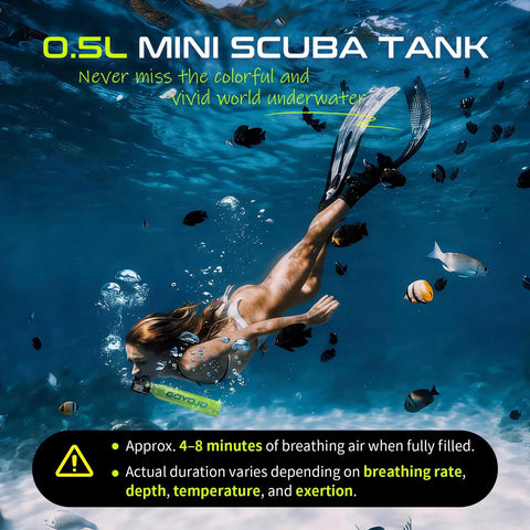 Woman snorkeling with Compact 0.5L Mini Scuba Tank Backup Air For Snorkeling And Training, Portable Refillable Pony Bottle, underwater.