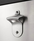 Close-up of the built-in bottle opener on the Stainless Steel Beverage Cooler And Ice Chest With Wheels And Built In Bottle Opener Rolling Cart