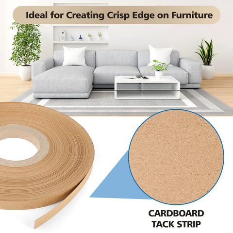 Professional Grade Upholstery Tack Strip Half Inch Wide By Seventy Yards Long Delivers Dead Nuts Straight Edges Hides Staples Quick On Couches Chairs And Recliners No Sweat, showing roll and texture in home setting.