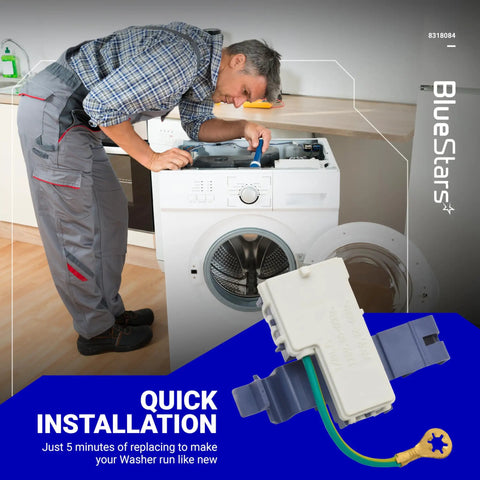 Ultra Durable Washer Door Lid Switch Replacement 8318084 for Whirlpool, shown with technician and washing machine