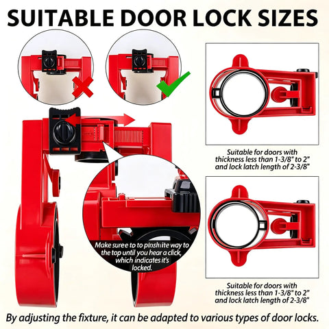 Sharp Door Lock Installation Kit With Heavy Duty Hinge Jig And Precision Hole Saw Template displaying adjustable door lock alignments.