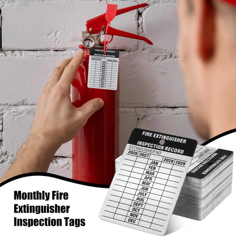 Heavy Duty Aluminum Fire Extinguisher Tags Bulk Pack Featuring Monthly 2026 To 2029 Dates on a fire extinguisher.