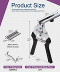 Badass Upholstery Hog Ring Pliers With Type M Hog Nail Rings Assortment Kit dimensions and accessories, highlighting sizes and materials.