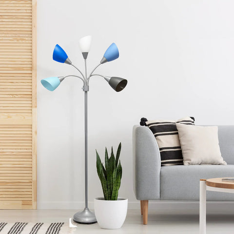 Five-Head Medusa Floor Lamp With Adjustable Goosenecks, Silver Base, Blue White Gray Shades, Dope Modern Lighting For Kids Bedroom, Playroom, Living Room Or Office, 67 Inch Tall