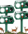 Solar Ultrasonic Deer Repellent Device 4 Pack With Motion Sensor And Flash Light No Go Zone Yard Guard For Flower Beds Vegetables And Gardens Deterrent For Deer Squirrels Raccoons And Rabbits With Multi Frequency 13 to 45KHz, four green solar units