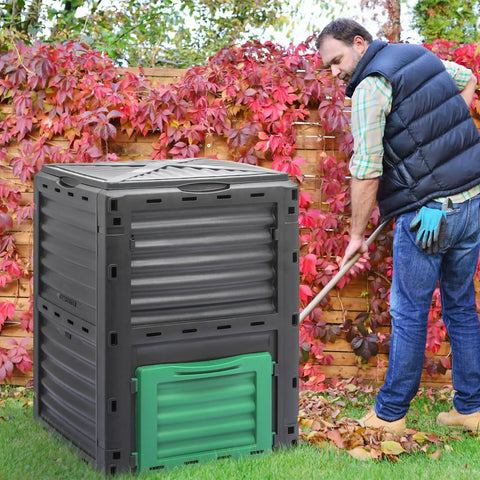 80 Gallon Outdoor Compost Bin Tumbler For Garden Patio And Yard, high capacity, BPA-free polypropylene, in garden setting.