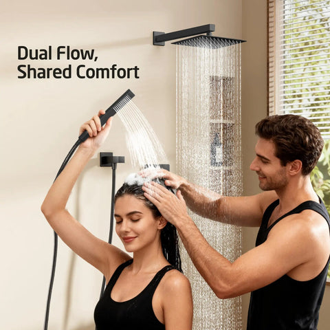 Matte Black 10 Inch Rain Shower Head With Handheld Spray Shower System, Wall Mounted Pressure Balance Valve Included, cUPC Certified Quality