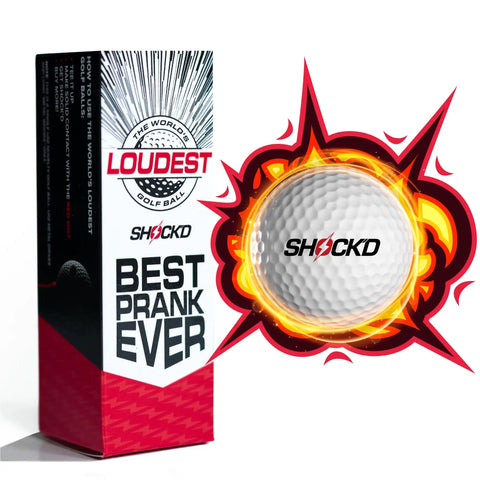 Loudest Golf Ball Ever For Pranks, Viral Sleeve Of Three Novelty Balls With Red Button Hit, box with an exploding golf ball.