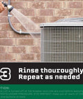 Person rinsing HVAC unit with foaming coil cleaner for HVAC condenser and evaporator coils commercial grade cleaner