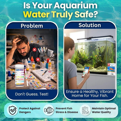 Comparison of traditional testing vs App Enabled Digital Aquarium Water Test Kit 10 In 1 For Freshwater And Saltwater Tanks.