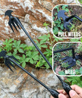 4 Claw Manganese Steel Weed Puller With Lever Design demonstrating weed removal in garden, focus on tool and 4-tine head close-up.