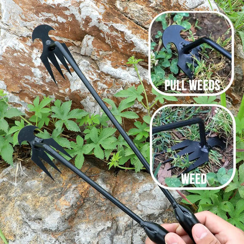 4 Claw Manganese Steel Weed Puller With Lever Design demonstrating weed removal in garden, focus on tool and 4-tine head close-up.