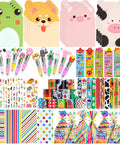 All In One Stationery Party Pack For Kids With 24 Goodie Bags Mini Notebooks Multicolor Pens Slap Bracelets Motivational Bookmarks Tattoos Classroom Gifts Class Rewards And Prizes displayed on table
