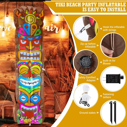 5 Ft Inflatable Tiki Decoration For Outdoor Luau Party With Built In LED Lights Flamingo And Palm Trees Blow Up Tiki Totem Yard Decor For Summer Beach Parties And Poolside Vibes Hawaiian Aloha Celebration Ready shown installed with lights