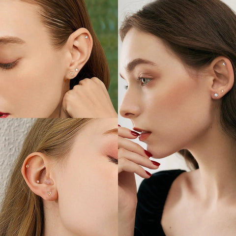 18 Pairs 20G Stainless Steel Tiny Stud Earrings For Women With Rose Gold Finish Cartilage Helix Set Includes Ball Star Moon Heart And More Shapes CZ Gems For Everyday Wear Gift Idea Cute Accessory on model ears