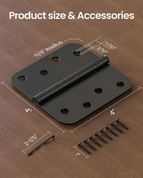 Premium Black Exterior Door Hinges Four Inch Matte Finish Solid Iron Construction With Rounded Corners shown with screws and dimensions.