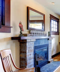 Living room with Stained Glass Bird Accent Lamp With Tiffany Style Vibe, Blue Jay Design, on fireplace mantel near window.