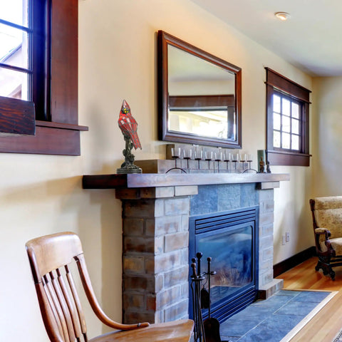 Living room with Stained Glass Bird Accent Lamp With Tiffany Style Vibe, Blue Jay Design, on fireplace mantel near window.