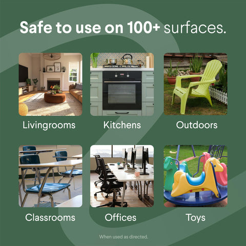 Image showing various surfaces like living rooms, kitchens, outdoors, classrooms, offices, and toys for Allergy Season Disinfecting Wipes