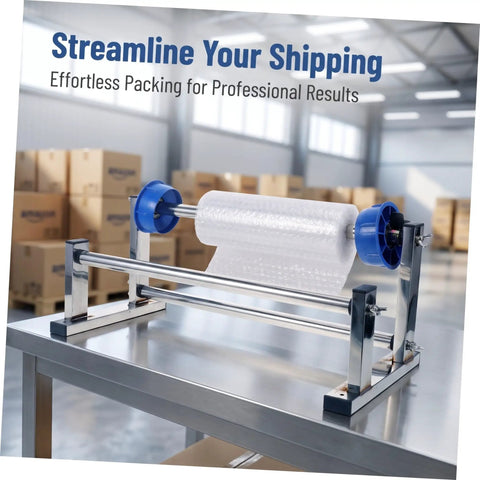 Manual Roll Film Dispenser For Stretch Wrapping Film And Cargo Packaging Supplies on stainless steel table, blue roll holders, warehouse use
