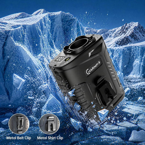 Waist Clip Fan Portable Personal Fan With 5000mAh Rechargeable Battery against icy background showing metal clips
